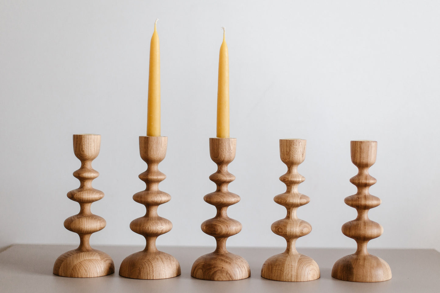 Set of 2 Hand-Turned Wooden Taper Candle Holders – Wave Design, Oak