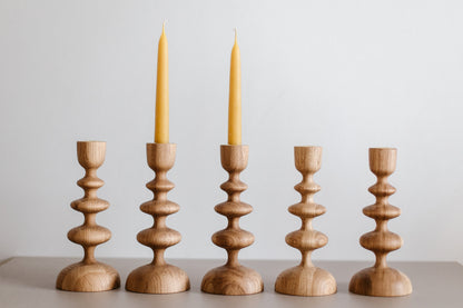 Set of 2 Hand-Turned Wooden Taper Candle Holders – Wave Design, Oak