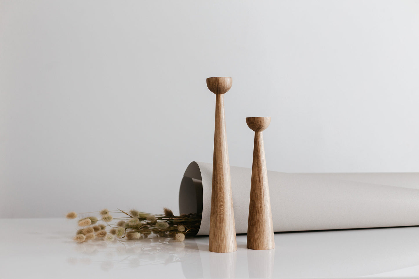 Set of 2 Long Hand-Turned Wooden Taper Candle Holders – Elegant Oak Design