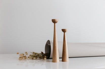Set of 2 Long Hand-Turned Wooden Taper Candle Holders – Elegant Oak Design