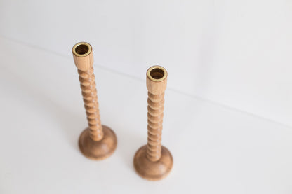 Set of 2 Hand-Turned Wooden Taper Candle Holders – Bubble Design, Oak