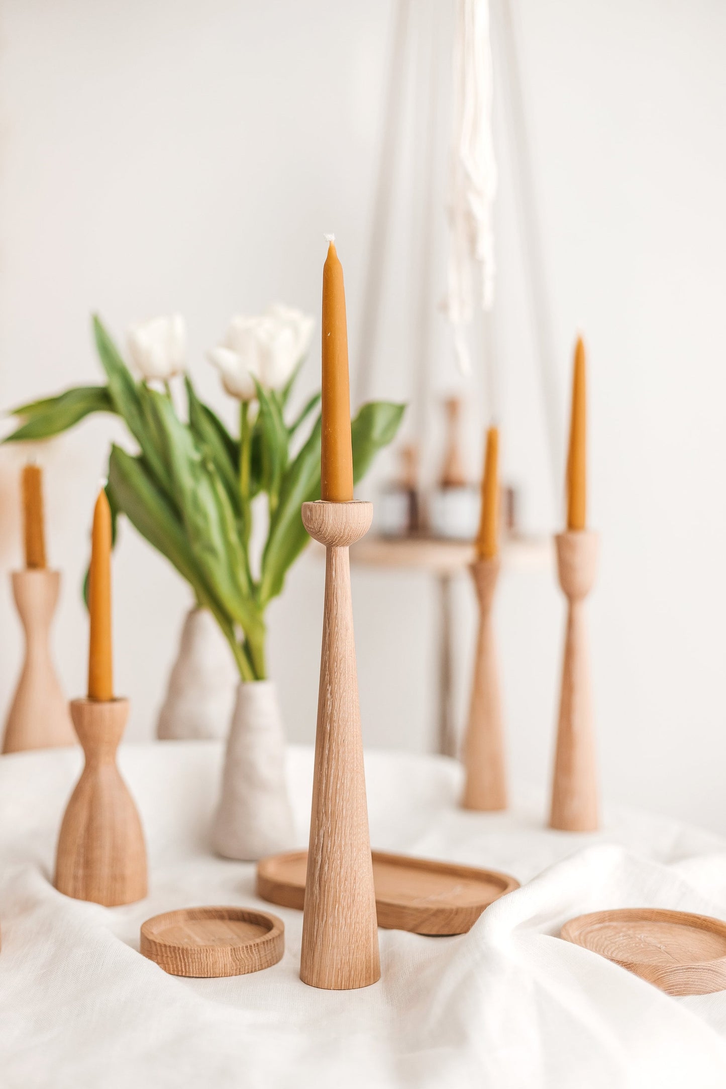 Set of 2 Long Hand-Turned Wooden Taper Candle Holders – Elegant Oak Design