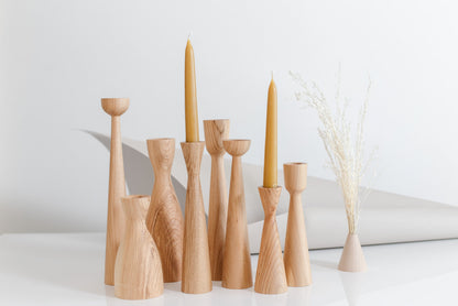 Set of 2 Hand-Turned Wooden Taper Candle Holders – Classic Oak Design