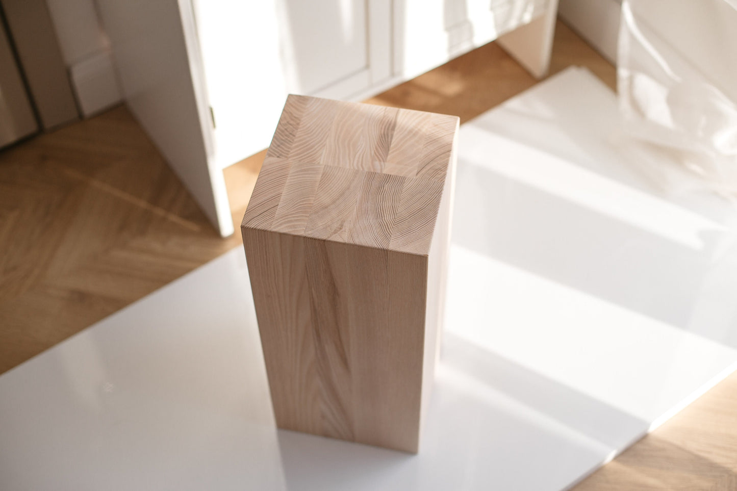 Solid Ash Wooden Coffee Table Block – Handmade Pedestal Table, H450 mm
