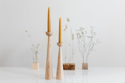Set of 2 Long Hand-Turned Wooden Taper Candle Holders – Elegant Oak Design