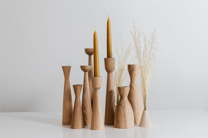 Set of 2 Long Hand-Turned Wooden Taper Candle Holders – Elegant Oak Design