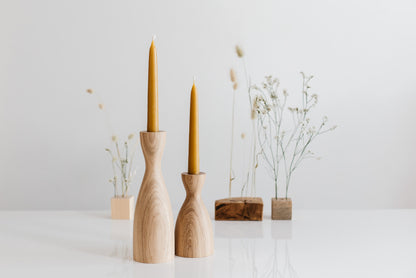 Set of 2 Wooden Taper Candle Holders, Wide,  Hand-Turned Oak