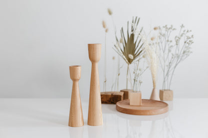 Set of 2 Hand-Turned Wooden Taper Candle Holders – Classic Oak Design