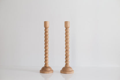 Set of 2 Hand-Turned Wooden Taper Candle Holders – Bubble Design, Oak