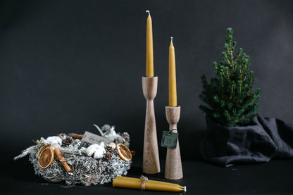Set of 2 Hand-Turned Wooden Taper Candle Holders – Classic Oak Design