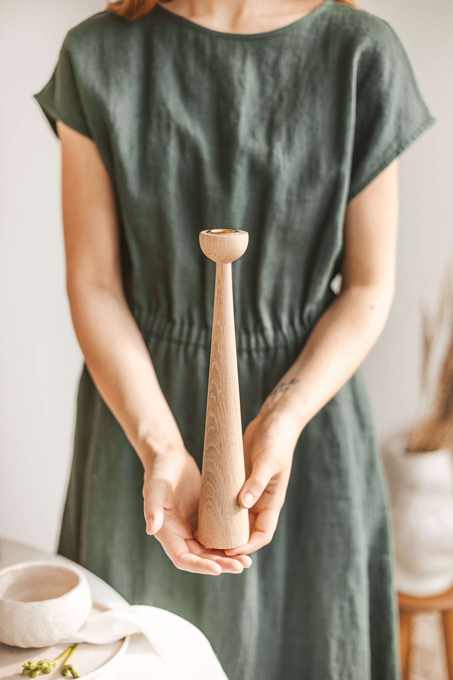 Set of 2 Long Hand-Turned Wooden Taper Candle Holders – Elegant Oak Design