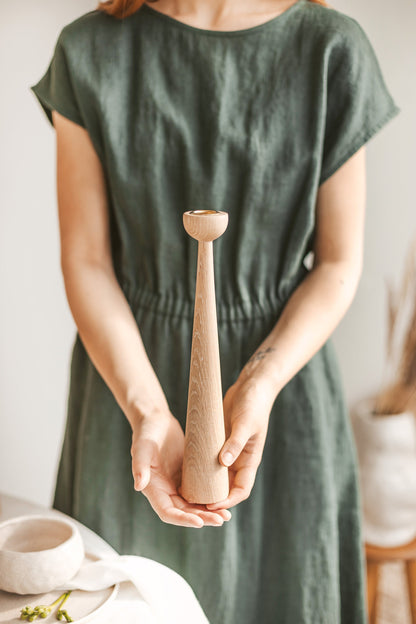 Set of 2 Long Hand-Turned Wooden Taper Candle Holders – Elegant Oak Design
