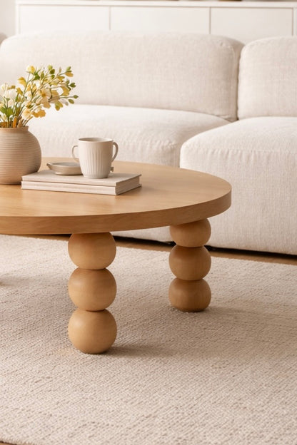 Round Turned Wooden Furniture Leg with Triple Sphere Detail – Handmade, H244 mm