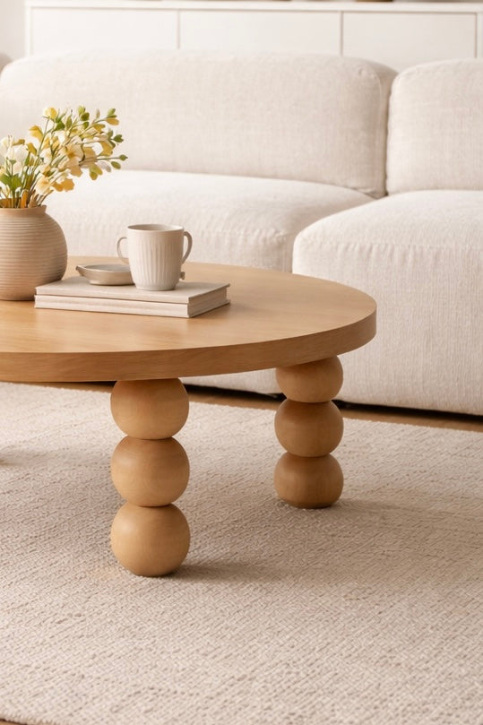 Round Turned Wooden Furniture Leg with Triple Sphere Detail – Handmade, H244 mm
