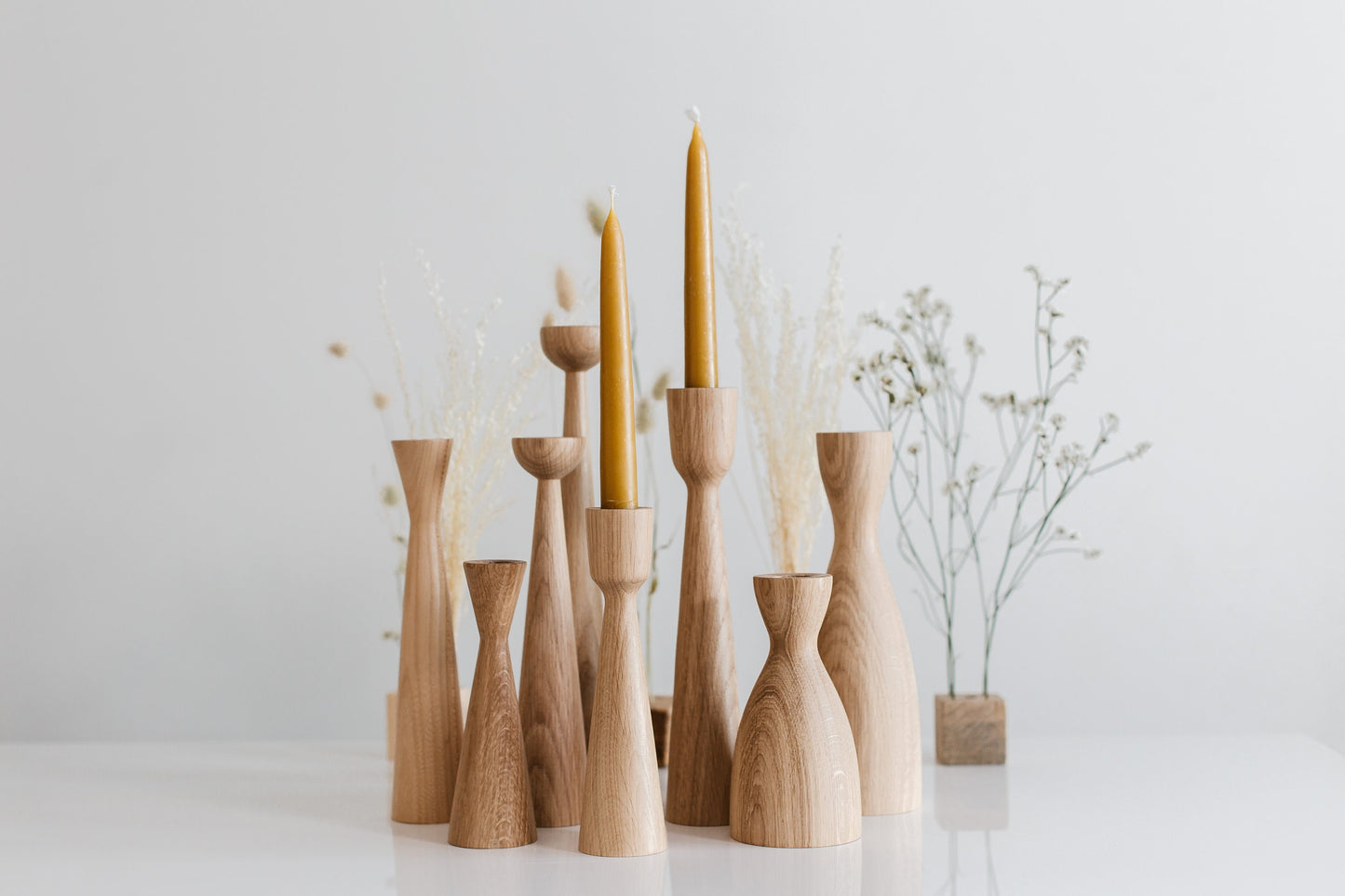 Set of 2 Hand-Turned Wooden Taper Candle Holders – Triangle Design, Oak