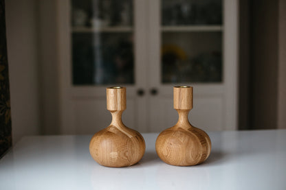 Set of 2 Hand-Turned Wooden Taper Candle Holders – Queen Style, Oak