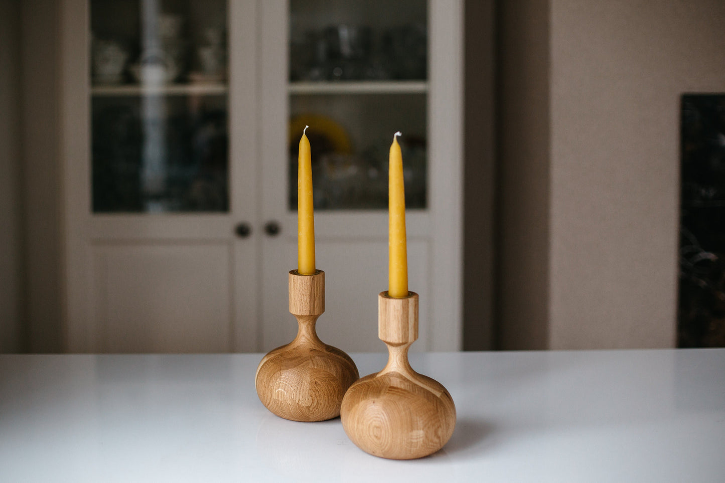 Set of 2 Hand-Turned Wooden Taper Candle Holders – Queen Style, Oak