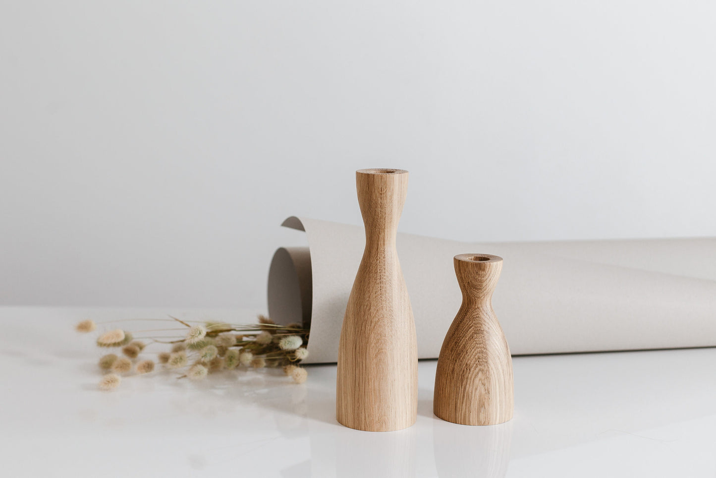 Set of 2 Wooden Taper Candle Holders, Wide,  Hand-Turned Oak