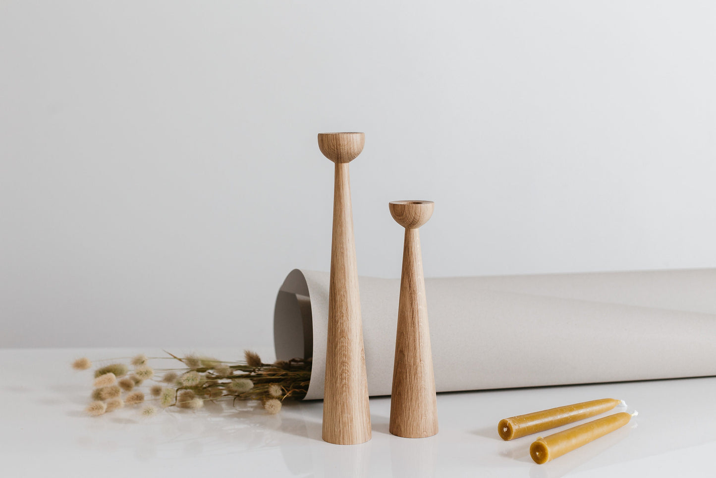 Set of 2 Long Hand-Turned Wooden Taper Candle Holders – Elegant Oak Design