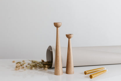 Set of 2 Long Hand-Turned Wooden Taper Candle Holders – Elegant Oak Design