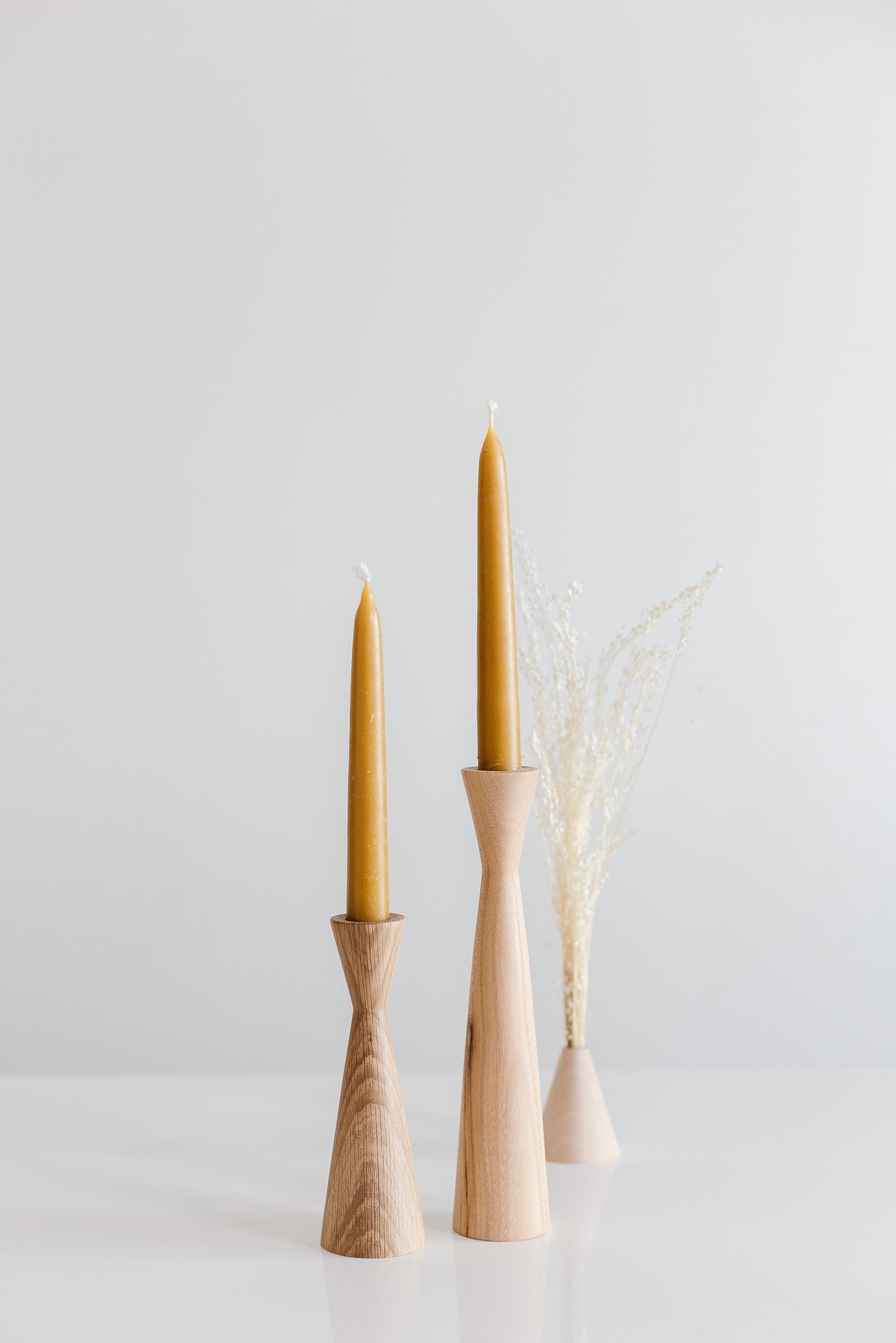 Set of 2 Hand-Turned Wooden Taper Candle Holders – Triangle Design, Oak