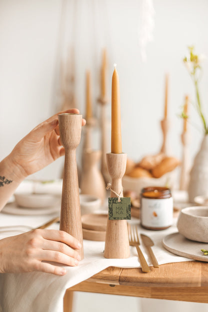 Set of 2 Hand-Turned Wooden Taper Candle Holders – Classic Oak Design