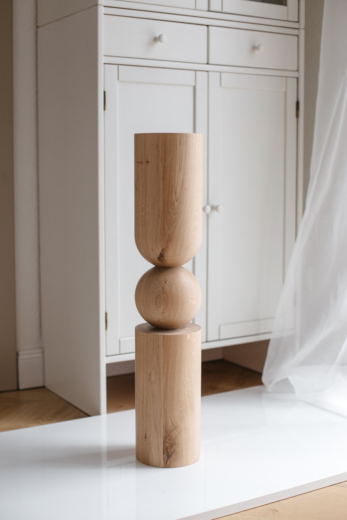 Wooden Table & Bar Leg with Sphere Detail – Handmade Design, H690 mm