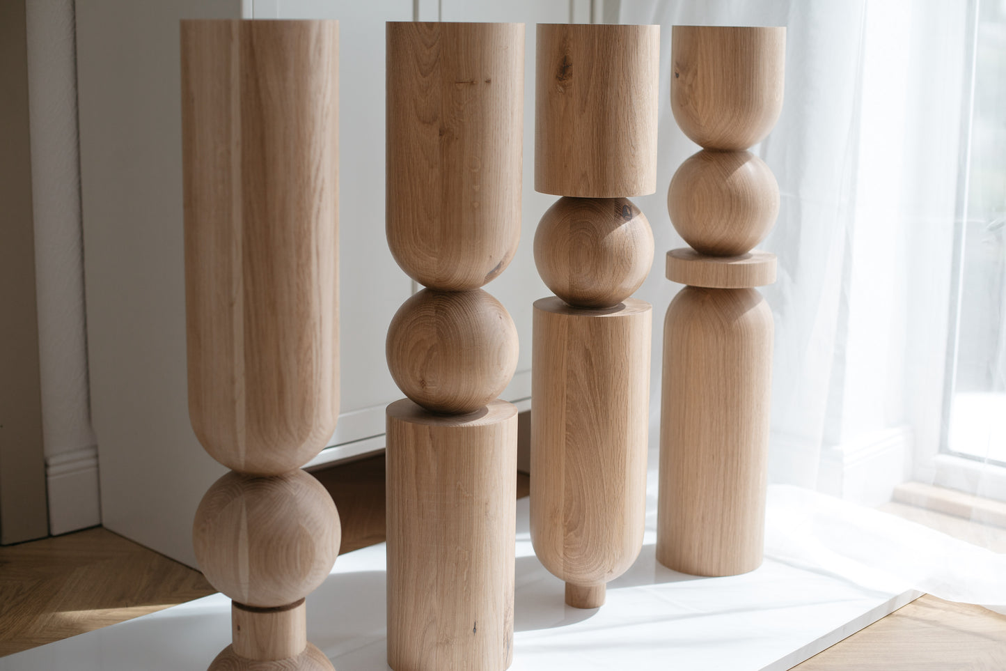 Wooden Table & Bar Leg with Sphere Detail – Handmade Design, H690 mm