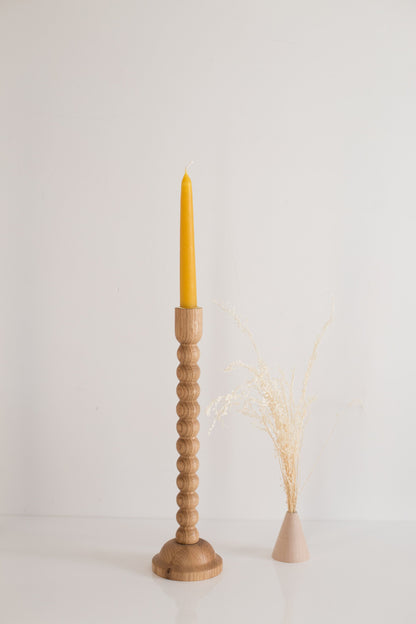Set of 2 Hand-Turned Wooden Taper Candle Holders – Bubble Design, Oak