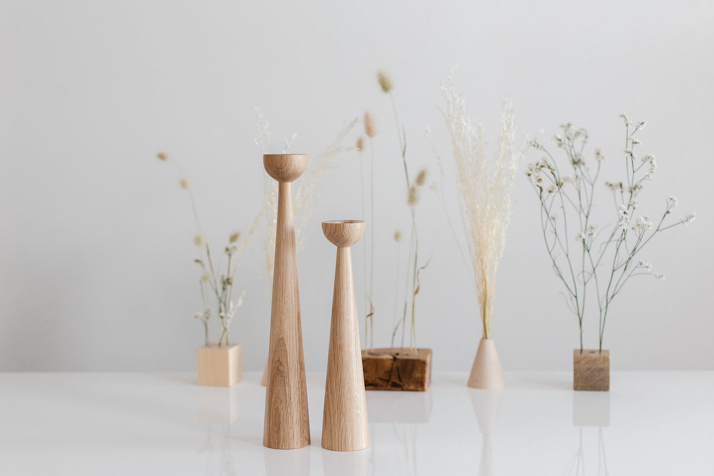 Set of 2 Long Hand-Turned Wooden Taper Candle Holders – Elegant Oak Design