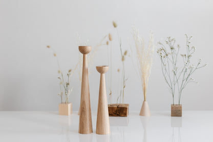 Set of 2 Long Hand-Turned Wooden Taper Candle Holders – Elegant Oak Design