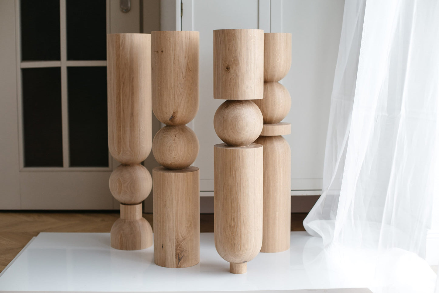 Wooden Table & Bar Leg with Rounded Sphere Detail – Lathe-Turned Design, H690 mm