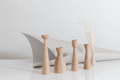 Set of 2 Hand-Turned Wooden Taper Candle Holders – Triangle Design, Oak