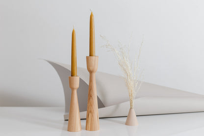 Set of 2 Hand-Turned Wooden Taper Candle Holders – Classic Oak Design