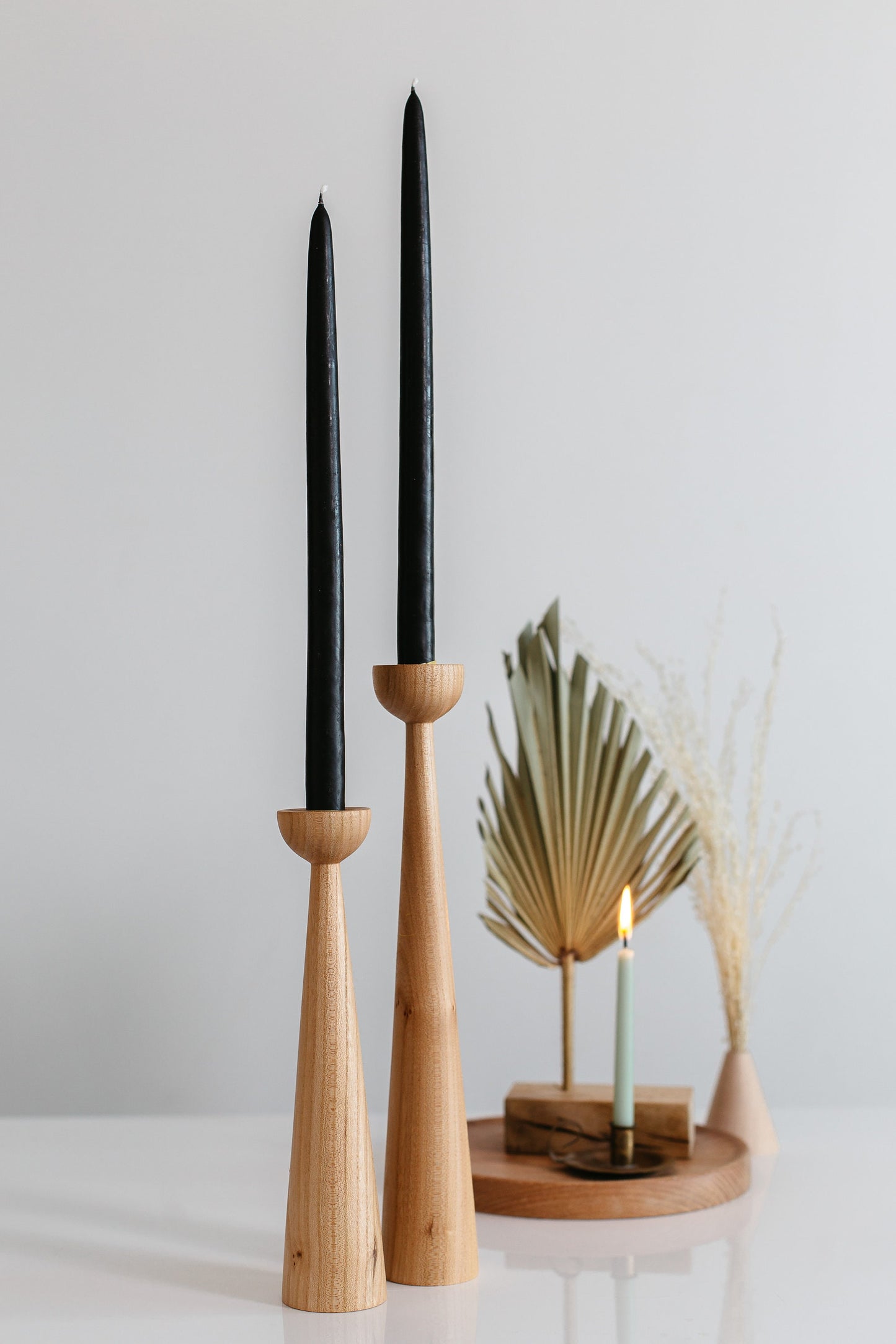 Set of 2 Long Hand-Turned Wooden Taper Candle Holders – Elegant Oak Design