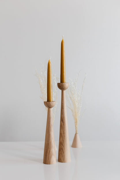 Set of 2 Long Hand-Turned Wooden Taper Candle Holders – Elegant Oak Design