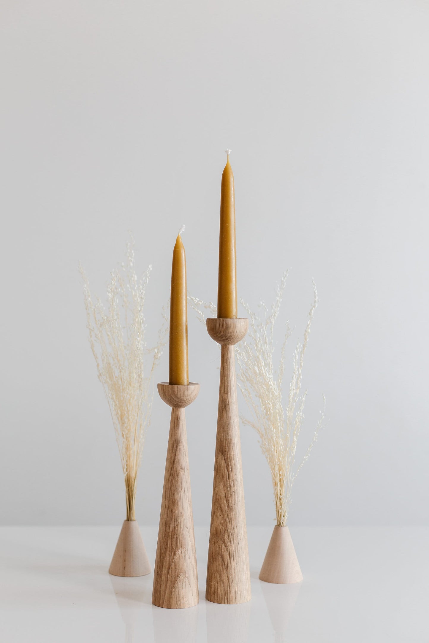 Set of 2 Long Hand-Turned Wooden Taper Candle Holders – Elegant Oak Design