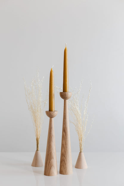 Set of 2 Long Hand-Turned Wooden Taper Candle Holders – Elegant Oak Design