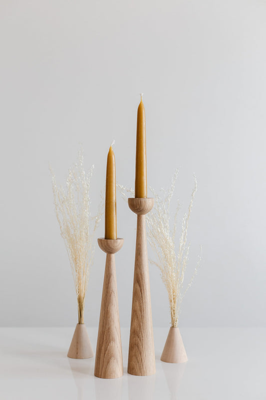 Set of 2 Long Hand-Turned Wooden Taper Candle Holders – Elegant Oak Design