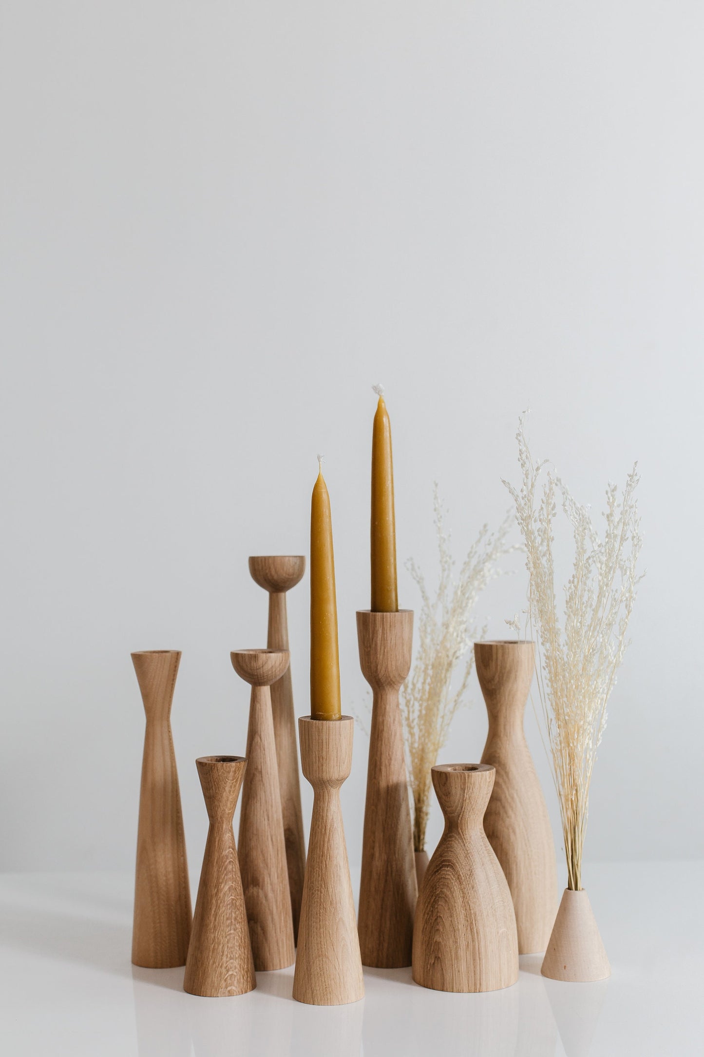Set of 2 Long Hand-Turned Wooden Taper Candle Holders – Elegant Oak Design