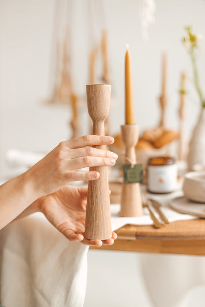 Set of 2 Hand-Turned Wooden Taper Candle Holders – Classic Oak Design