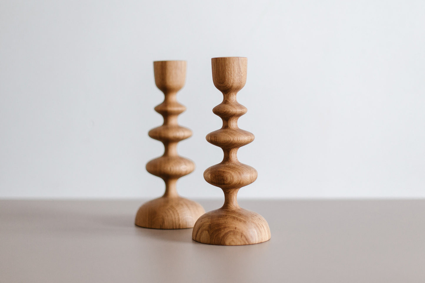 Set of 2 Hand-Turned Wooden Taper Candle Holders – Wave Design, Oak
