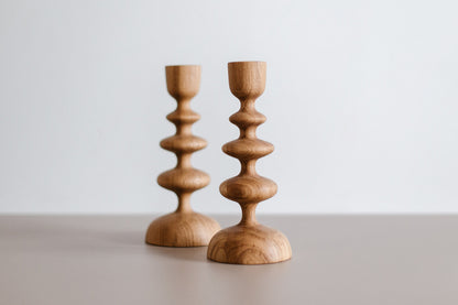 Set of 2 Hand-Turned Wooden Taper Candle Holders – Wave Design, Oak