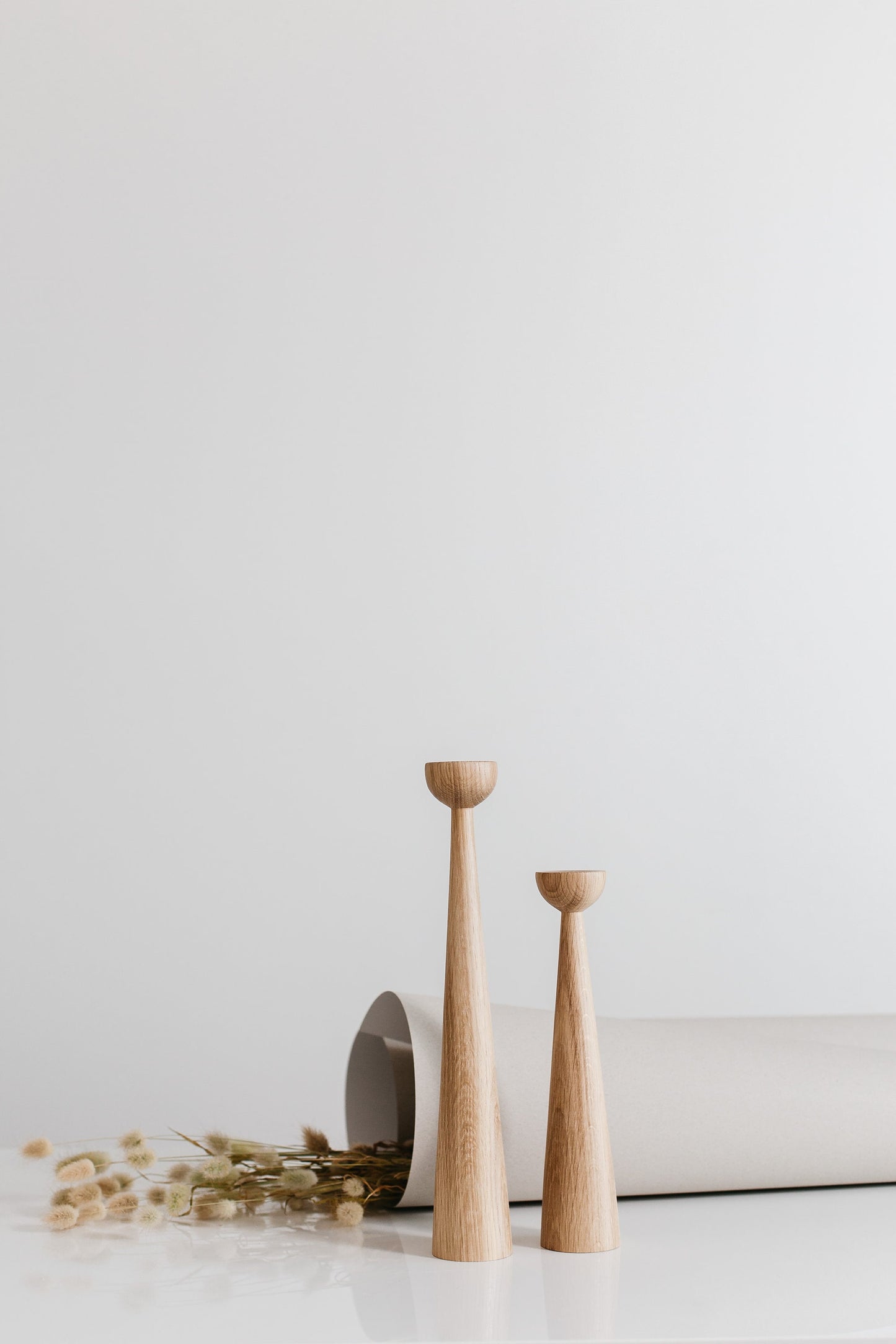 Set of 2 Long Hand-Turned Wooden Taper Candle Holders – Elegant Oak Design