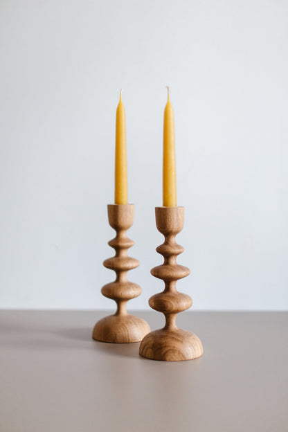 Set of 2 Hand-Turned Wooden Taper Candle Holders – Wave Design, Oak