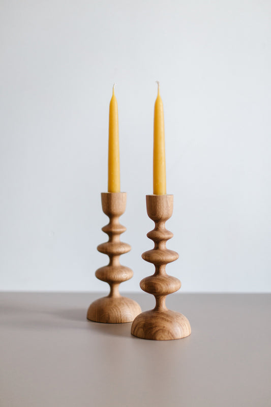 Set of 2 Hand-Turned Wooden Taper Candle Holders – Wave Design, Oak