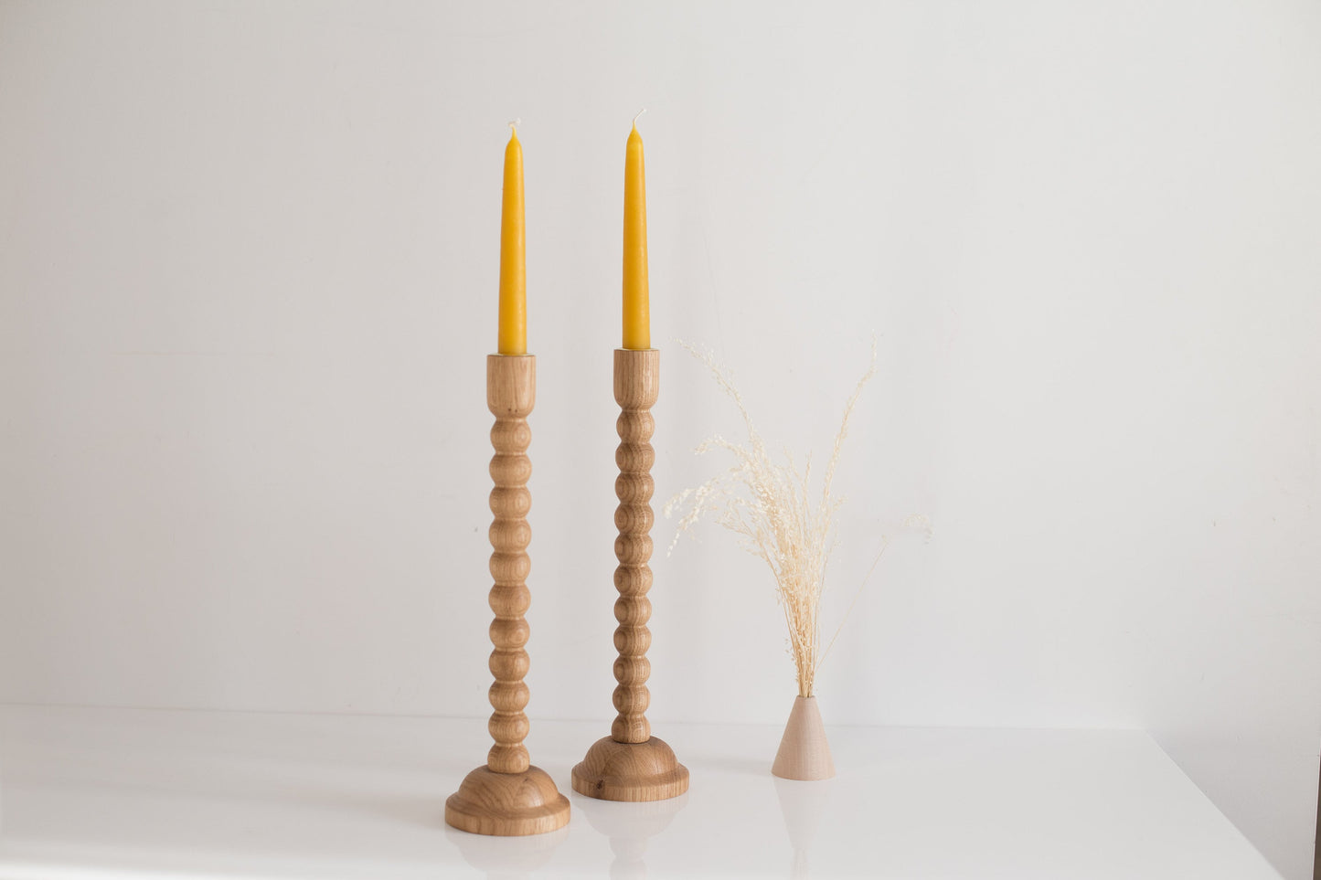 Set of 2 Hand-Turned Wooden Taper Candle Holders – Bubble Design, Oak